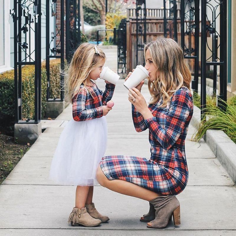 Plaid Mother Daughter Matching Autumn Dresses Parent-child Christmas Dresses - MomyMall Red / Mother:S