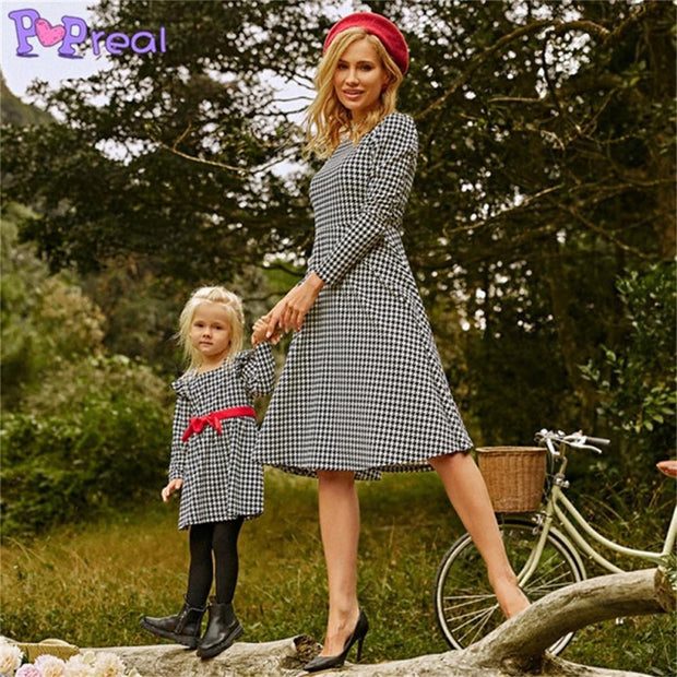 Family Matching Autumn Fashion Print Bow Mom Daughter Dresses - MomyMall