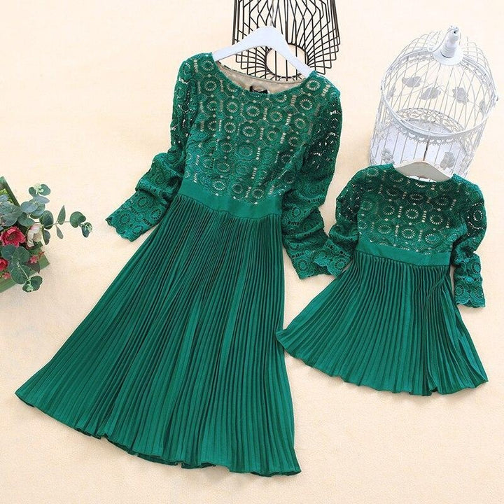 Family Matching Parent-Child Fashion Lace Patchwork Mom Daughter Dress - MomyMall Green / MOM S