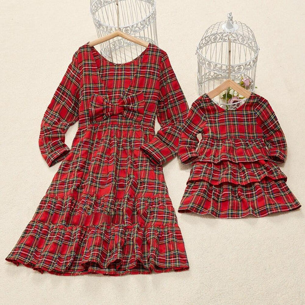 Family Matching Parent-Child Fashion Plaid Print Bow Dresses - MomyMall Red / Girl 18-24M