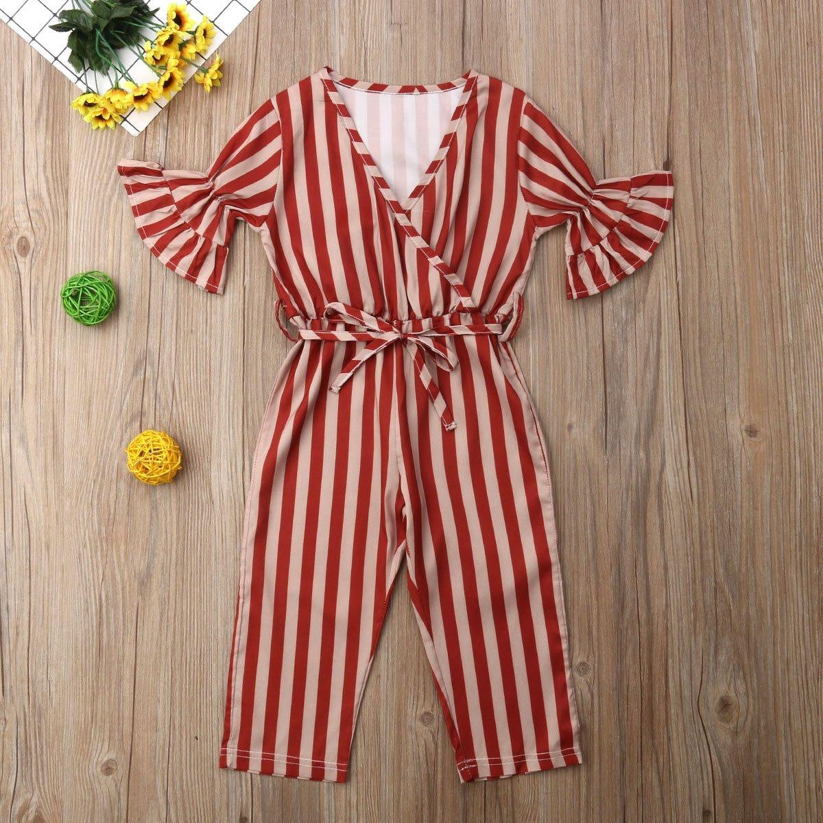 Kid Girl Stripe Jumpsuit Bodysuit Pants 1-6 Years - MomyMall Red / 1-2 Years