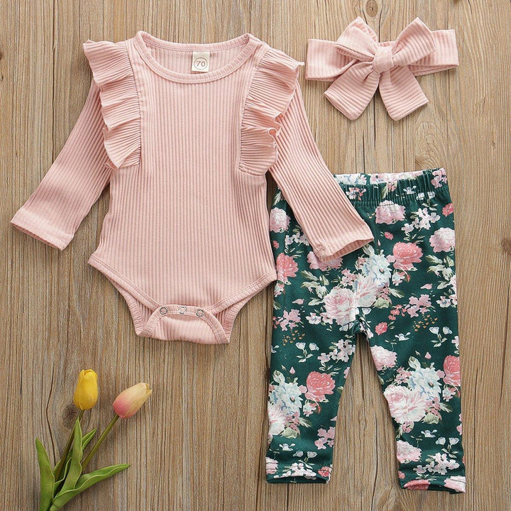 Baby Girl Solid Knitted Cotton Romper Tops Flower Print 3Pcs 0-3Years - MomyMall Pink / 0-6 months
