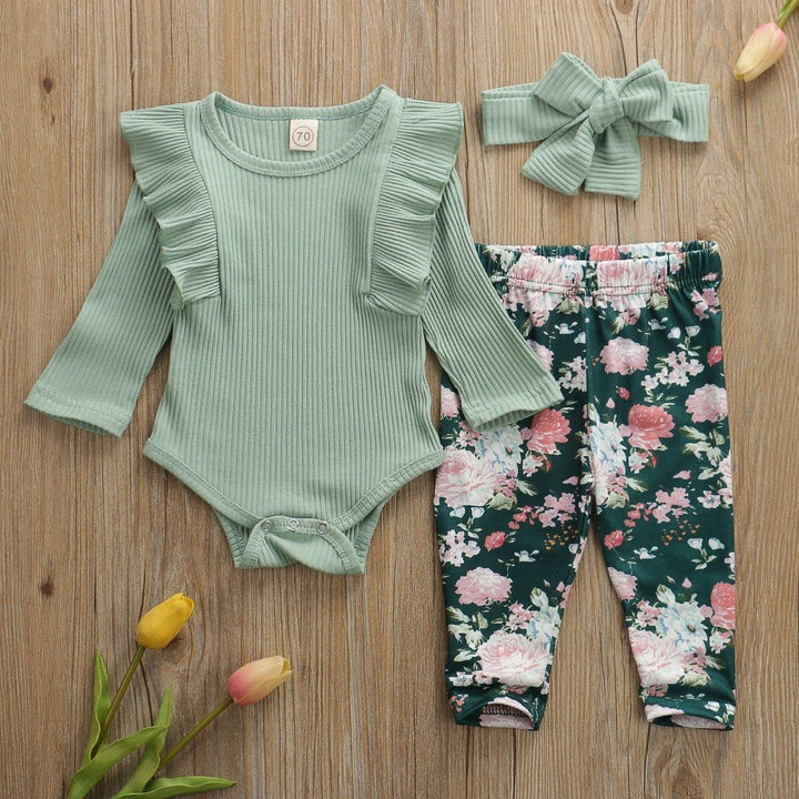 Baby Girl Solid Knitted Cotton Romper Tops Flower Print 3Pcs 0-3Years - MomyMall Green / 0-6 months