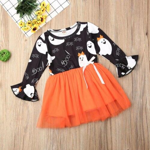 Baby Girl Halloween Print Long Sleeve Tutu Party Dress For 1-6 Years