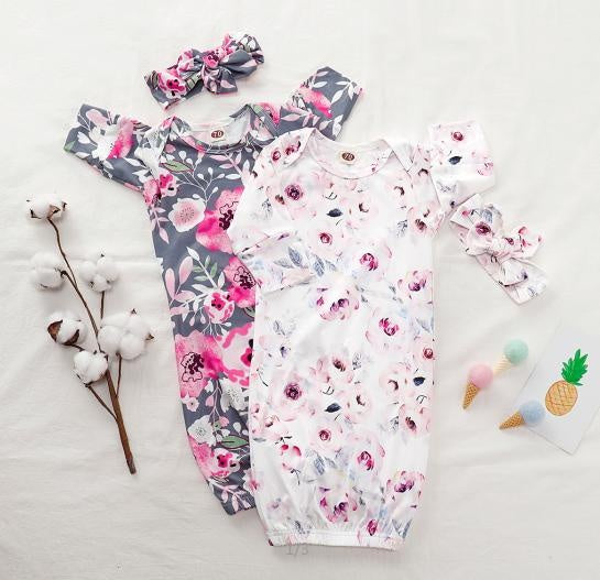 Baby NewBorn Lovely Floral Print Pajamas and Headband - MomyMall