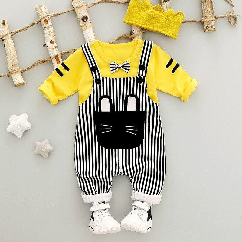 Baby Girl Set Spring Suit Long Sleeved Tops + Stripe Strap 2 Pcs - MomyMall Yellow / 6-12 Months