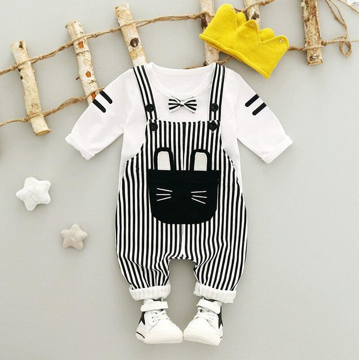 Baby Girl Set Spring Suit Long Sleeved Tops + Stripe Strap 2 Pcs - MomyMall White / 6-12 Months