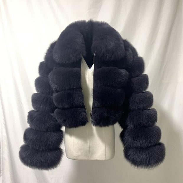 Short Style Zip Up Faux Fur Crop Coat With Collar