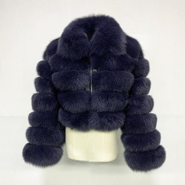 Short Style Zip Up Faux Fur Crop Coat With Collar
