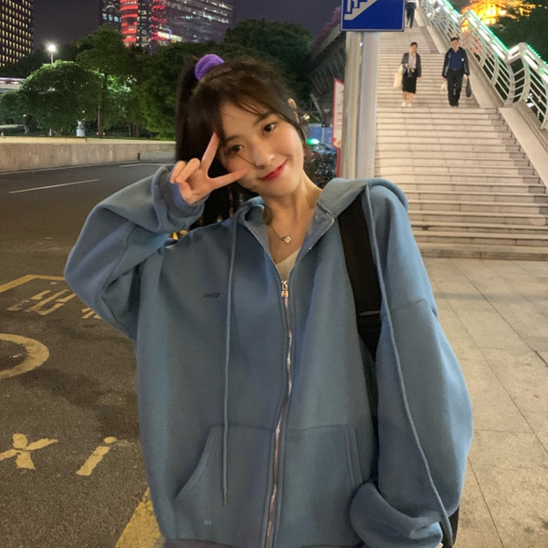 Harajuku Women Sweatshirts Korean Version Oversized Solid Zip Up Hoodies Jacket Retro Long Sleeve Fleece Hooded Sweatshirt Coats - MomyMall EA01113-BLUE / S