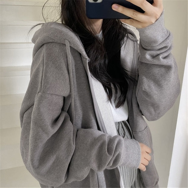 Harajuku Women Sweatshirts Korean Version Oversized Solid Zip Up Hoodies Jacket Retro Long Sleeve Fleece Hooded Sweatshirt Coats - MomyMall EA00513-Grey / S