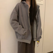 Harajuku Women Sweatshirts Korean Version Oversized Solid Zip Up Hoodies Jacket Retro Long Sleeve Fleece Hooded Sweatshirt Coats - MomyMall EA01113-DARK GREY / S