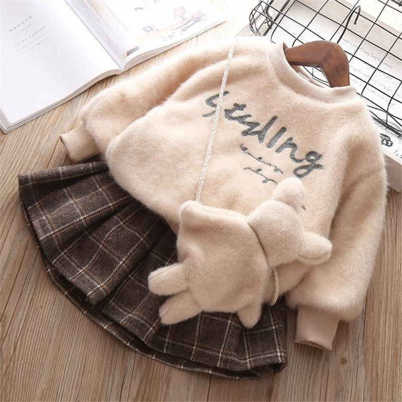 Winter Baby Girls Cute Plush Pullover+ Pleated Skirt 2 Pcs 0-5 Years - MomyMall