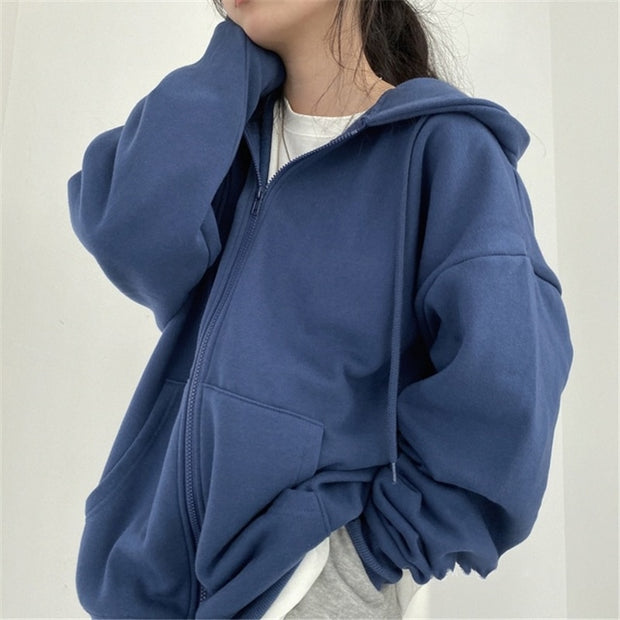 Harajuku Women Sweatshirts Korean Version Oversized Solid Zip Up Hoodies Jacket Retro Long Sleeve Fleece Hooded Sweatshirt Coats - MomyMall