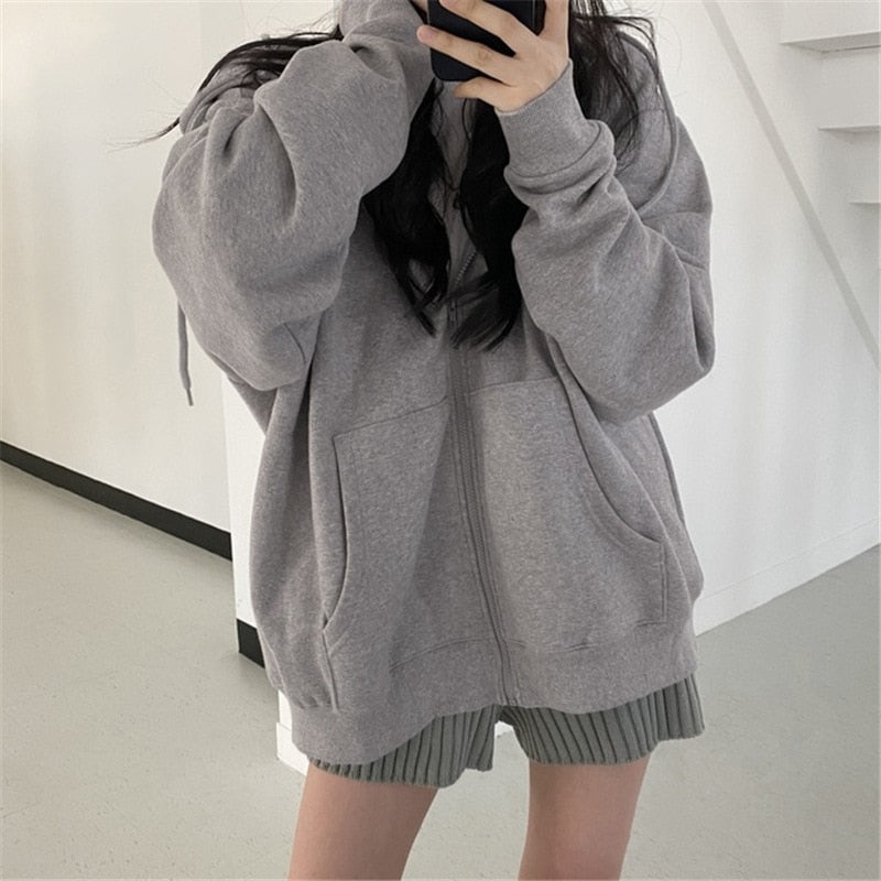 Harajuku Women Sweatshirts Korean Version Oversized Solid Zip Up Hoodies Jacket Retro Long Sleeve Fleece Hooded Sweatshirt Coats - MomyMall