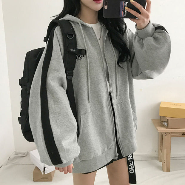Harajuku Women Sweatshirts Korean Version Oversized Solid Zip Up Hoodies Jacket Retro Long Sleeve Fleece Hooded Sweatshirt Coats - MomyMall EA01113-BLACK GREY / S