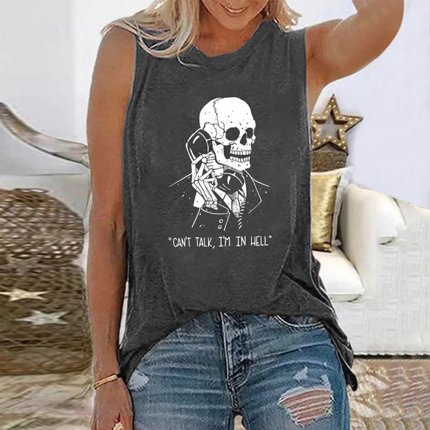 Skeleton Skull Print Sleeveless T-shirts - MomyMall Dark Gray / S
