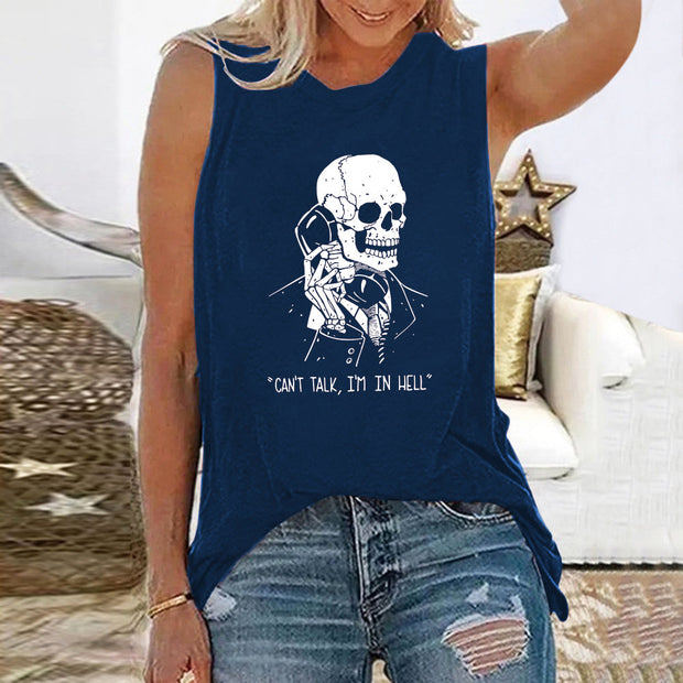 Skeleton Skull Print Sleeveless T-shirts - MomyMall Navy / S