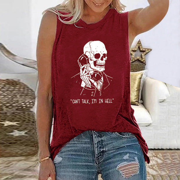 Skeleton Skull Print Sleeveless T-shirts - MomyMall Wine Red / S
