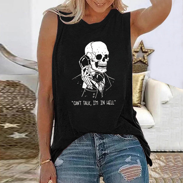 Skeleton Skull Print Sleeveless T-shirts - MomyMall Black / S