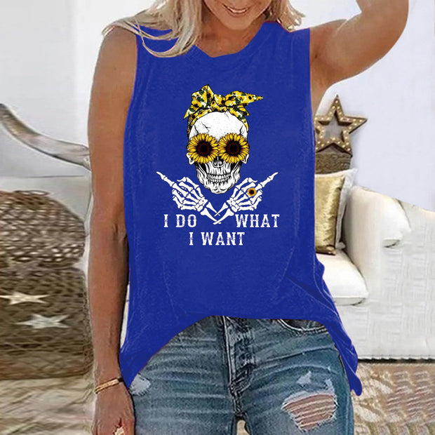 Sunflower Skull Print Funny T-shirt - MomyMall Blue / S