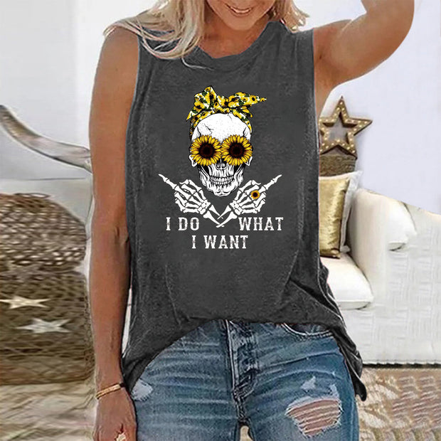 Sunflower Skull Print Funny T-shirt - MomyMall Dark Gray / S