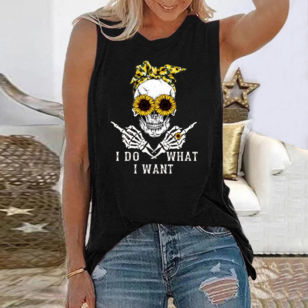 Sunflower Skull Print Funny T-shirt - MomyMall Black / S