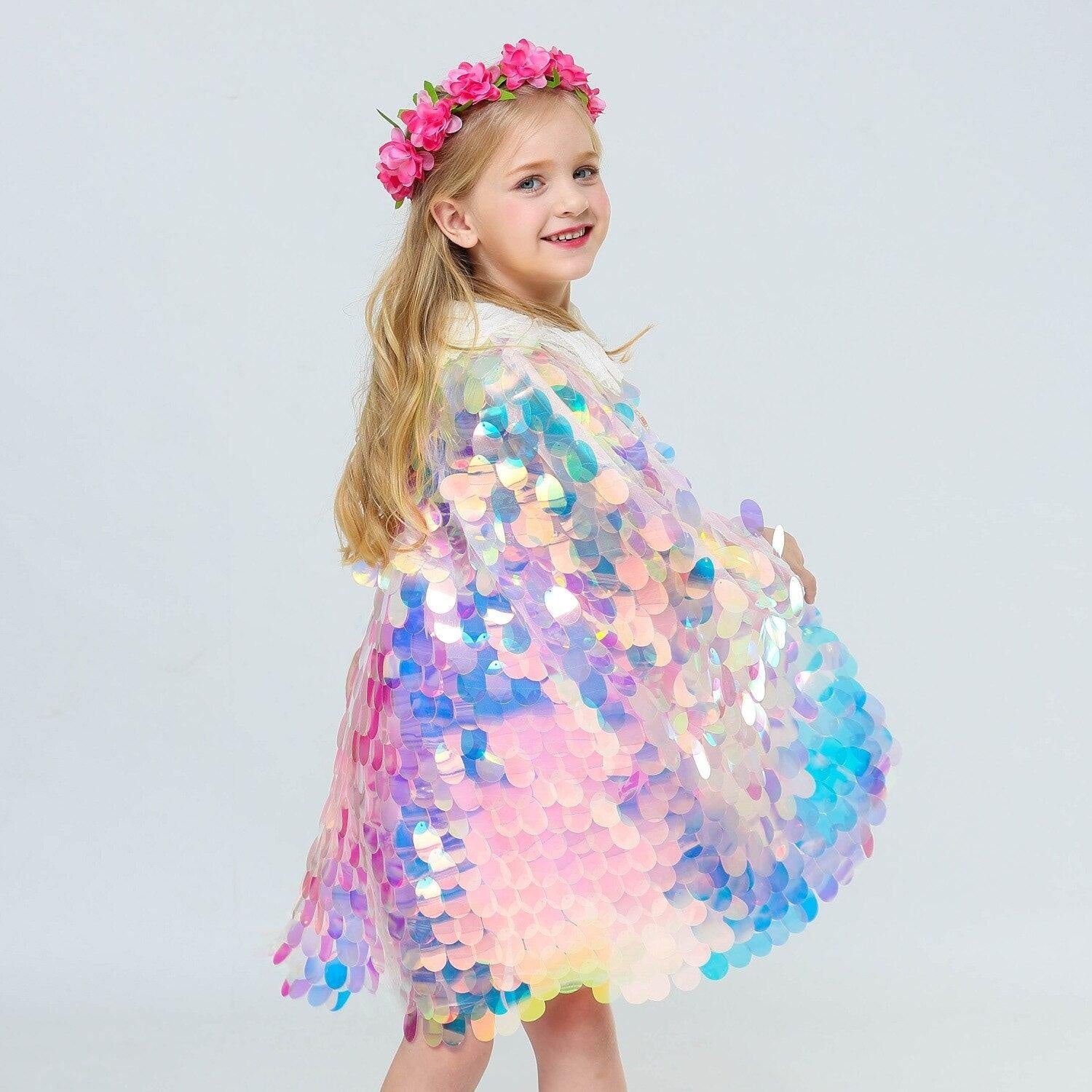 Sequins Princess Girls Cape Cloak Rainbow Shawl Coat - MomyMall