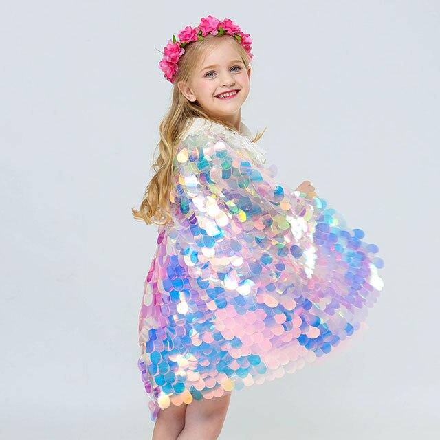 Sequins Princess Girls Cape Cloak Rainbow Shawl Coat - MomyMall Blue / 90cm:1--2years