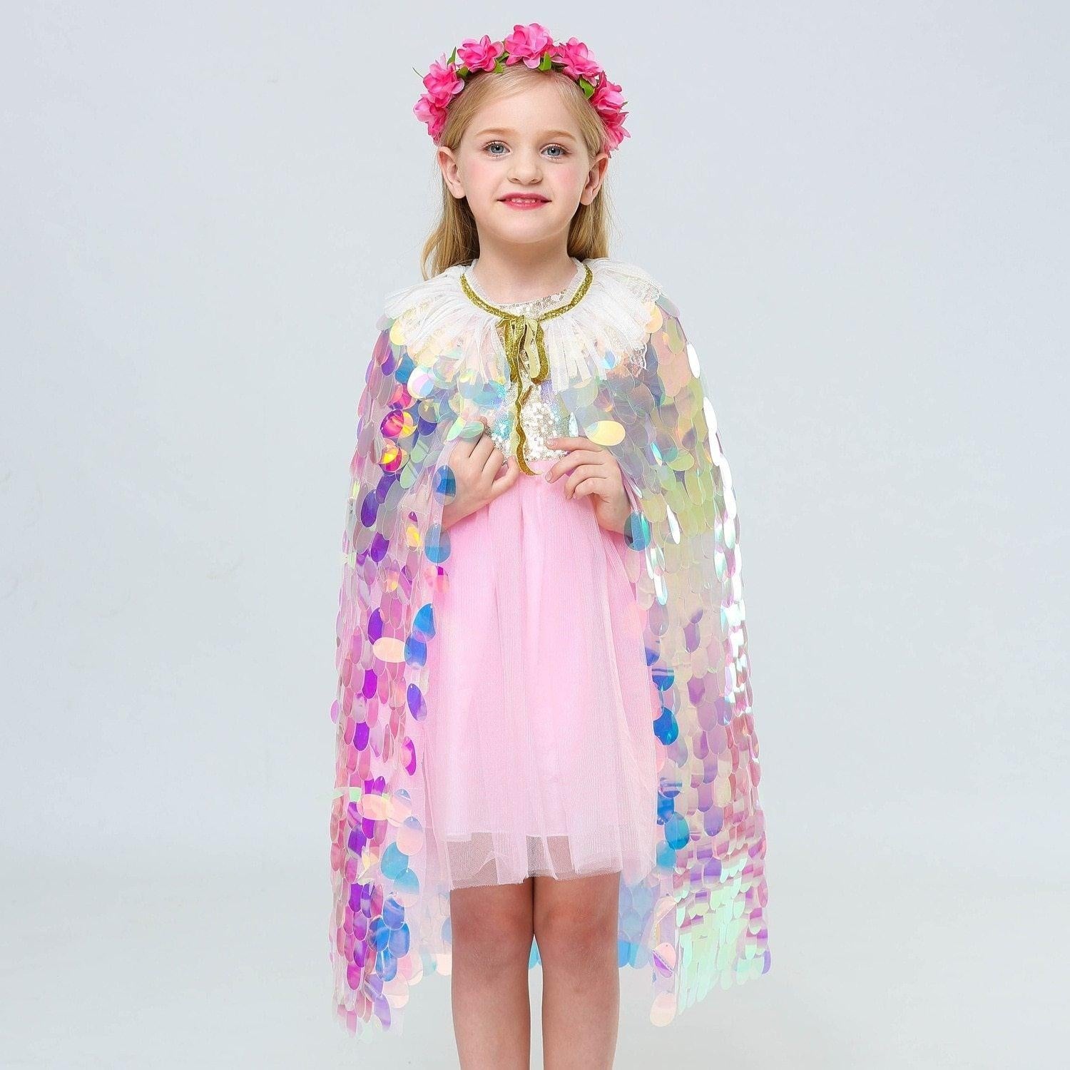 Sequins Princess Girls Cape Cloak Rainbow Shawl Coat - MomyMall