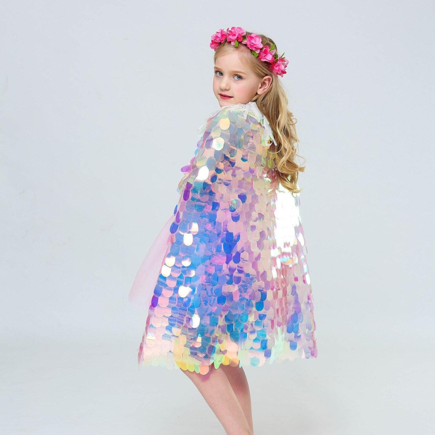 Sequins Princess Girls Cape Cloak Rainbow Shawl Coat - MomyMall