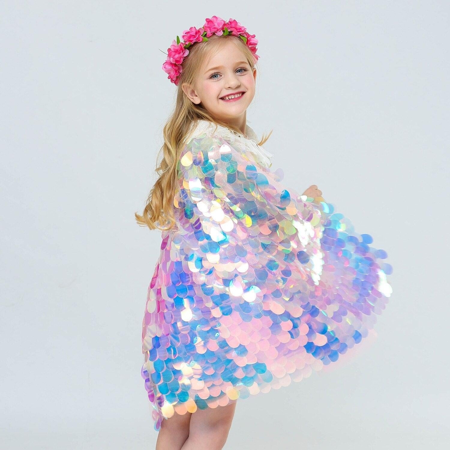 Sequins Princess Girls Cape Cloak Rainbow Shawl Coat - MomyMall