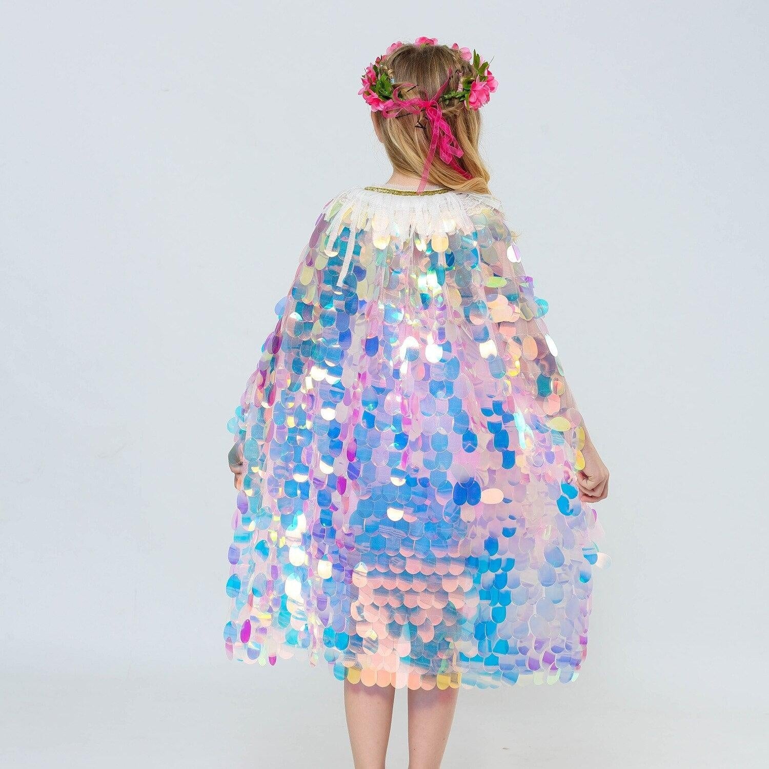 Sequins Princess Girls Cape Cloak Rainbow Shawl Coat - MomyMall