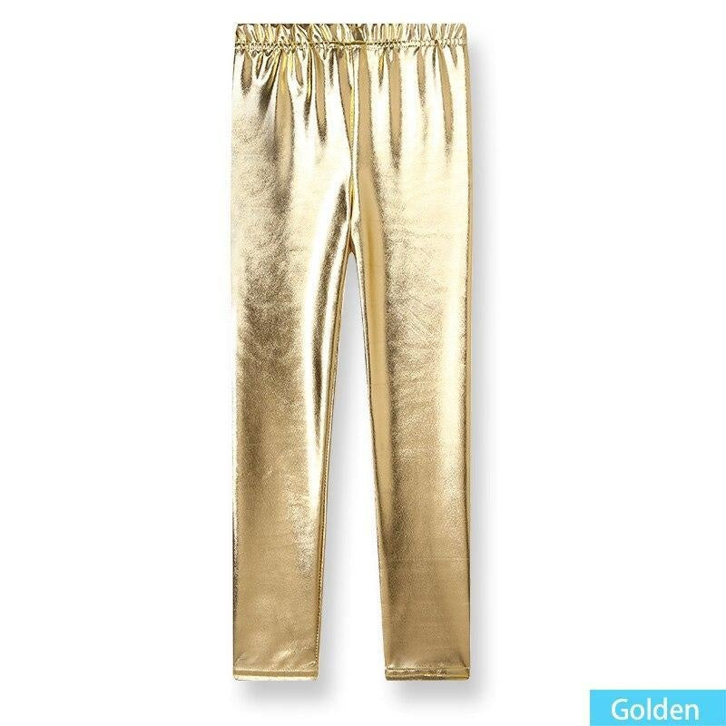 Girls Skinny Faux Leather Leggings Shiny Metallic Stretch Leggings - MomyMall Golden / 2-3 Years