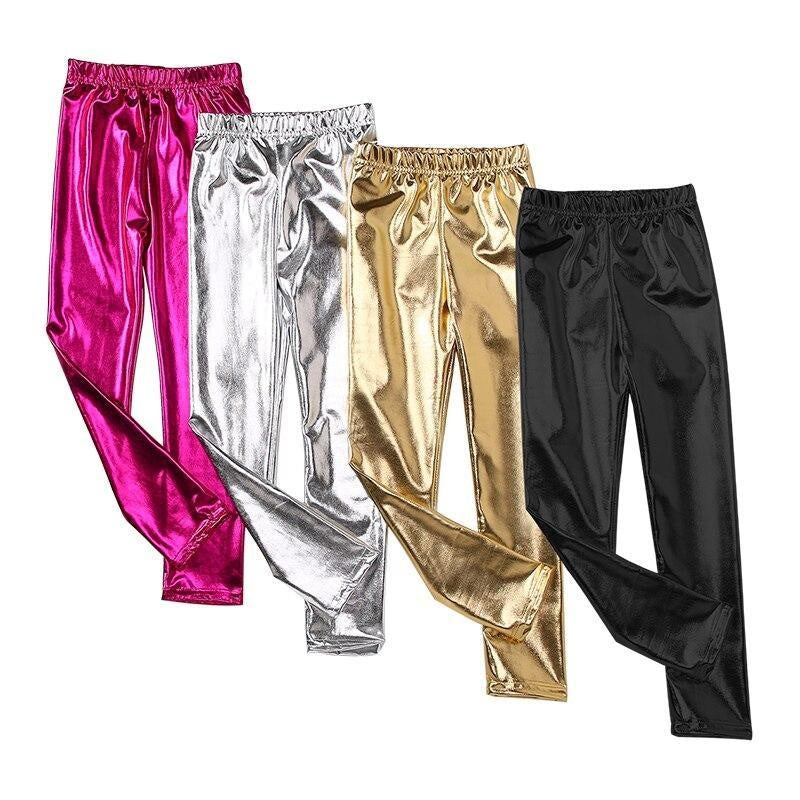 Girls Skinny Faux Leather Leggings Shiny Metallic Stretch Leggings - MomyMall