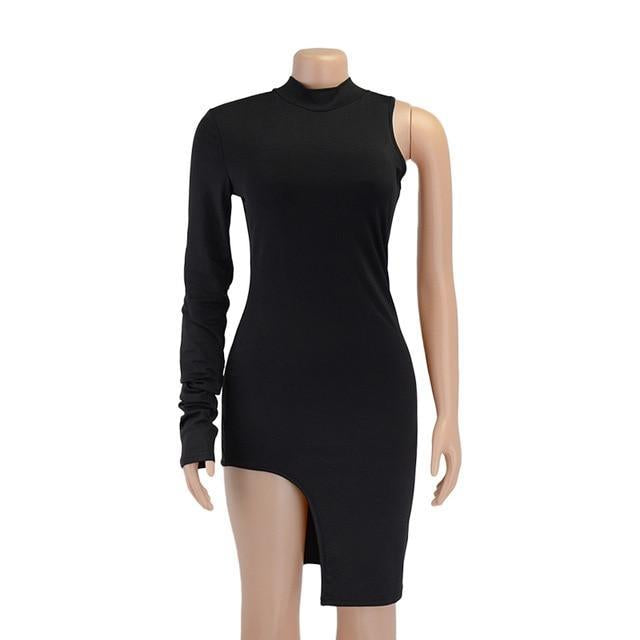 One Shoulder Mini Bodycon Dress With Side Split - MomyMall BLACK / S