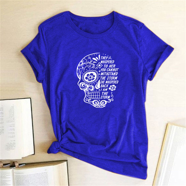 Skull Flowers Printing T-shirts - MomyMall Dark Blue / S