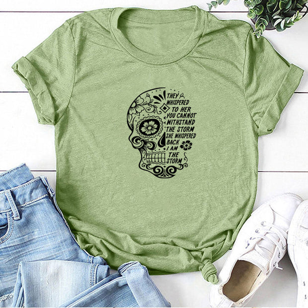 Skull Flowers Printing T-shirts - MomyMall Light Green / S