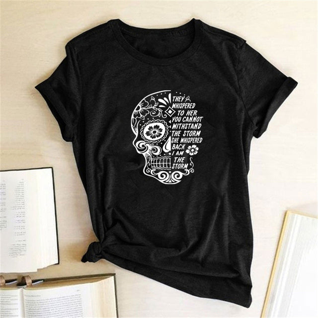 Skull Flowers Printing T-shirts - MomyMall Black / S