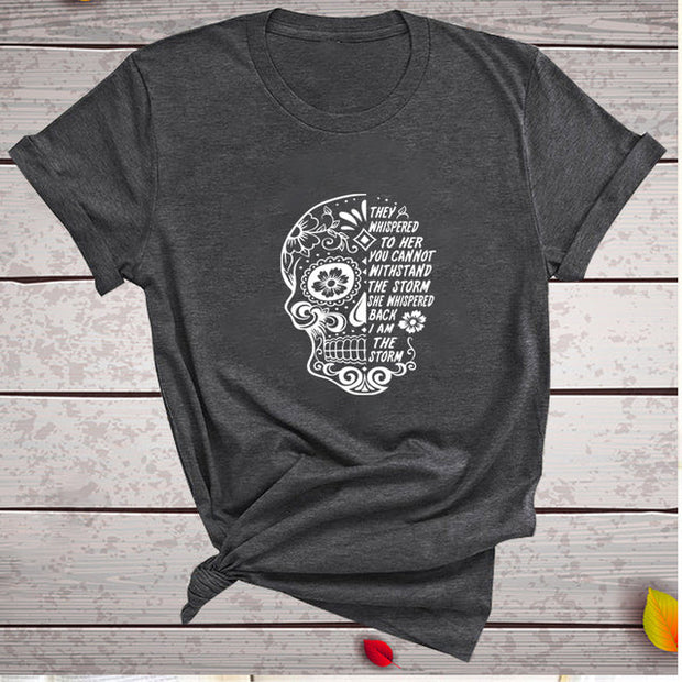 Skull Flowers Printing T-shirts - MomyMall Dark Grey / S