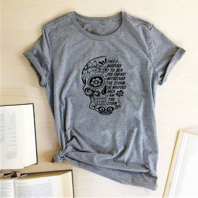 Skull Flowers Printing T-shirts - MomyMall Grey / S