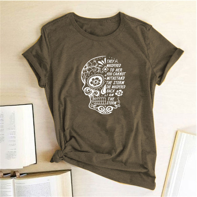 Skull Flowers Printing T-shirts - MomyMall Brown / S