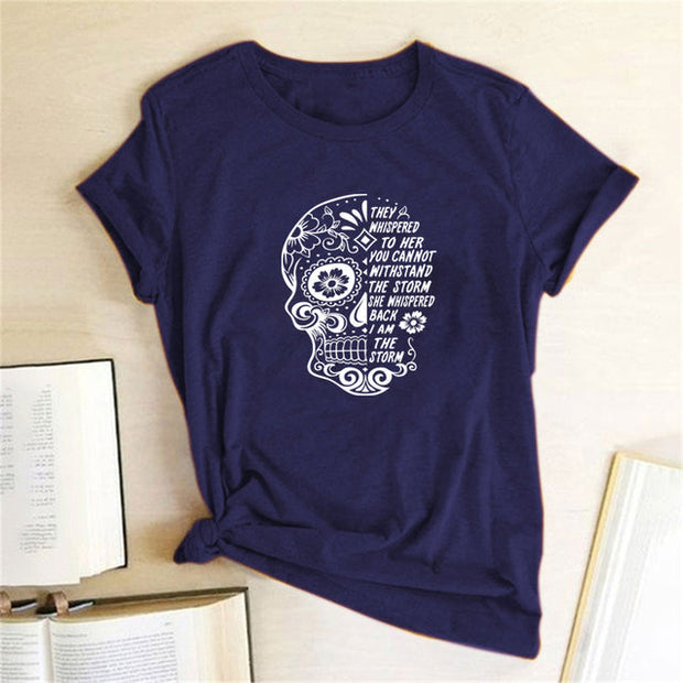 Skull Flowers Printing T-shirts - MomyMall Navy Blue / S