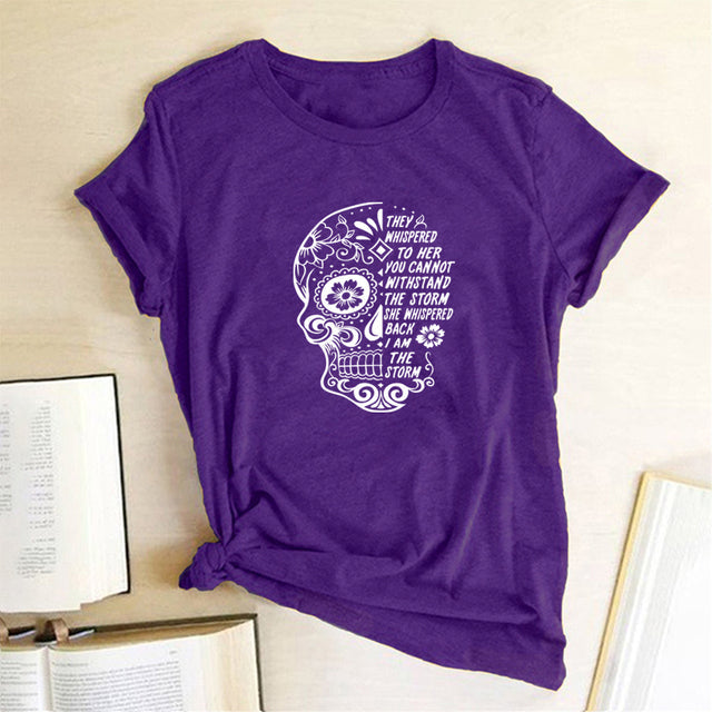 Skull Flowers Printing T-shirts - MomyMall Purple / S