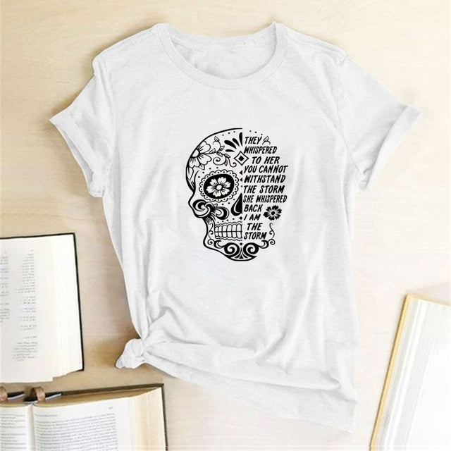 Skull Flowers Printing T-shirts - MomyMall White / S