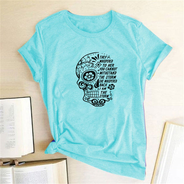 Skull Flowers Printing T-shirts - MomyMall Blue / S