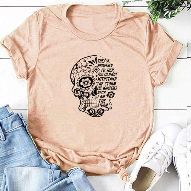 Skull Flowers Printing T-shirts - MomyMall Pink / S