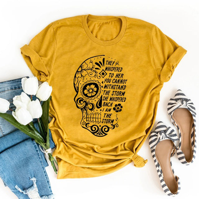 Skull Flowers Printing T-shirts - MomyMall Yellow 2 / S