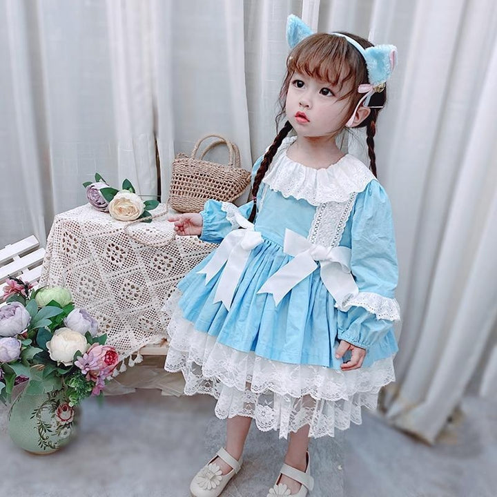 Spanish Girls Boutique Party Lace Bow Gown Lolita Robe Dresses 2- 6 Years - MomyMall Blue / 1-2 Years