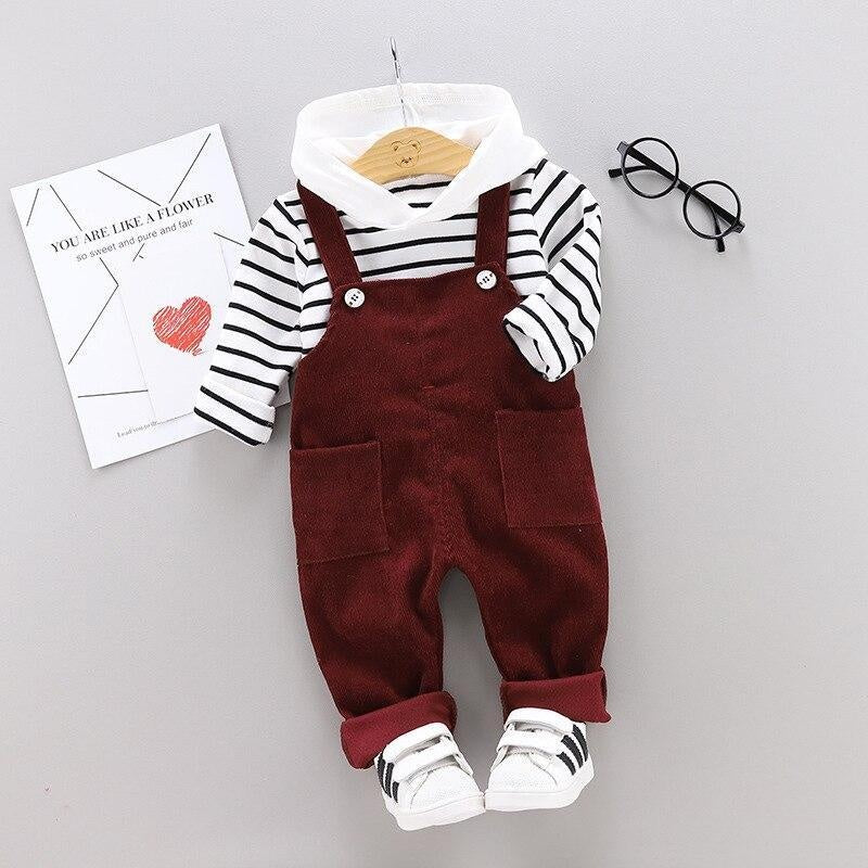 Baby Boys Girls Clothes Striped Tops Bib 2pcs/sets - MomyMall Red / 9-12 Months